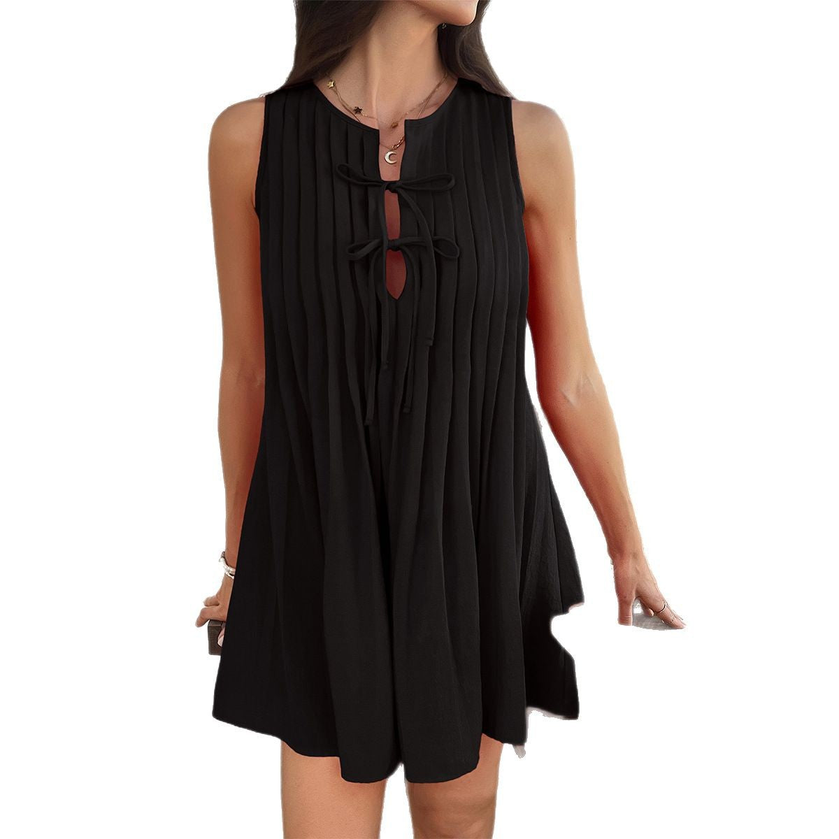 Robe courte plissée à lacets de couleur unie pour femme – Robe d'été décontractée sans manches pour soirée