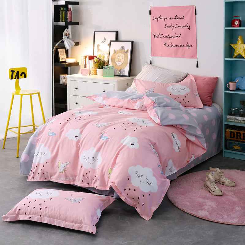 Parure de lit 3 pièces en coton à motif floral – Housse de couette et ensemble de draps à imprimé réactif motif dessin animé