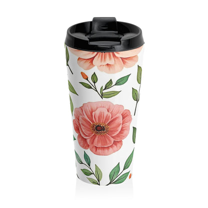 Mug de voyage en acier inoxydable à motif floral pêche | Feuilles botaniques