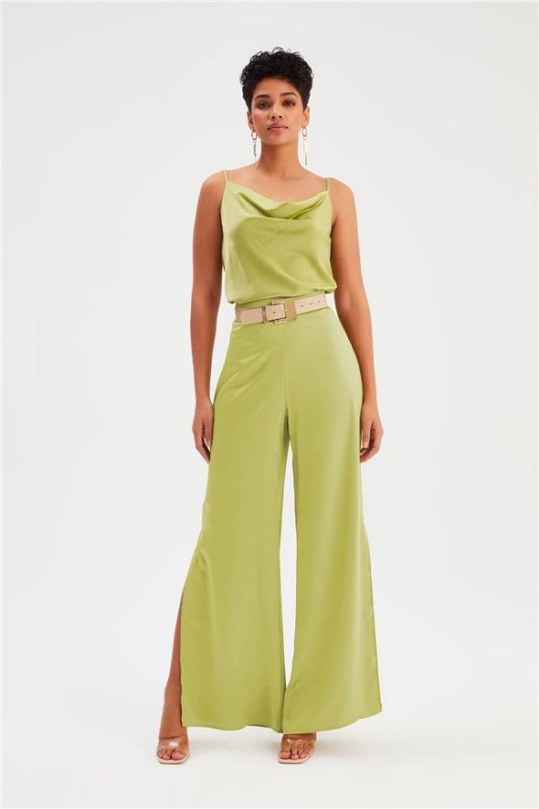 Top caraco en satin à décolleté plongeant – Vert olive