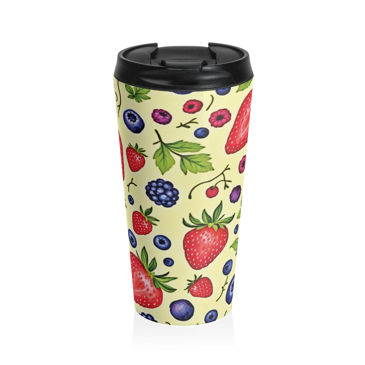 Mug de voyage en acier inoxydable motif fraises et baies — Gobelet isotherme imprimé fruits