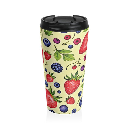 Mug de voyage en acier inoxydable motif fraises et baies — Gobelet isotherme imprimé fruits