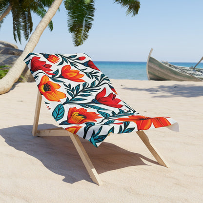 Serviette de Plage Coucher de Soleil Floral — Motif Fleurs Rouges & Oranges Éclatantes