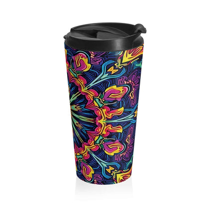 Mug de voyage en acier inoxydable Mandala Néon Kaléidoscope
