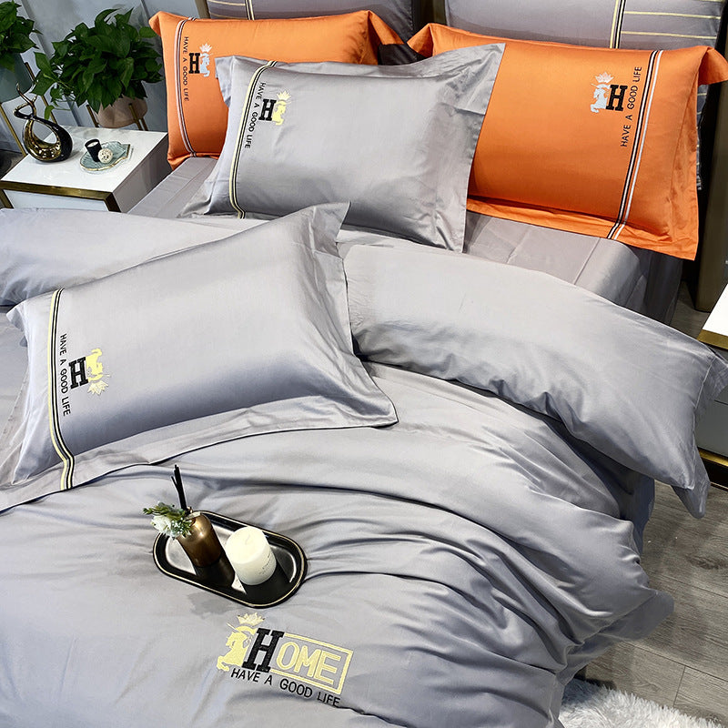 Parure de lit 4 pièces en coton brodé – Housse de couette moderne et ensemble de chambre à motifs floraux