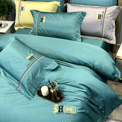 Parure de lit 4 pièces en coton brodé – Housse de couette moderne et ensemble de chambre à motifs floraux
