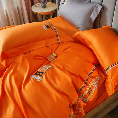 Parure de lit 4 pièces en coton brodé – Housse de couette moderne et ensemble de chambre à motifs floraux