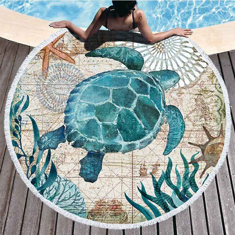 Serviette de plage ronde imprimée en fibres douces avec pompons