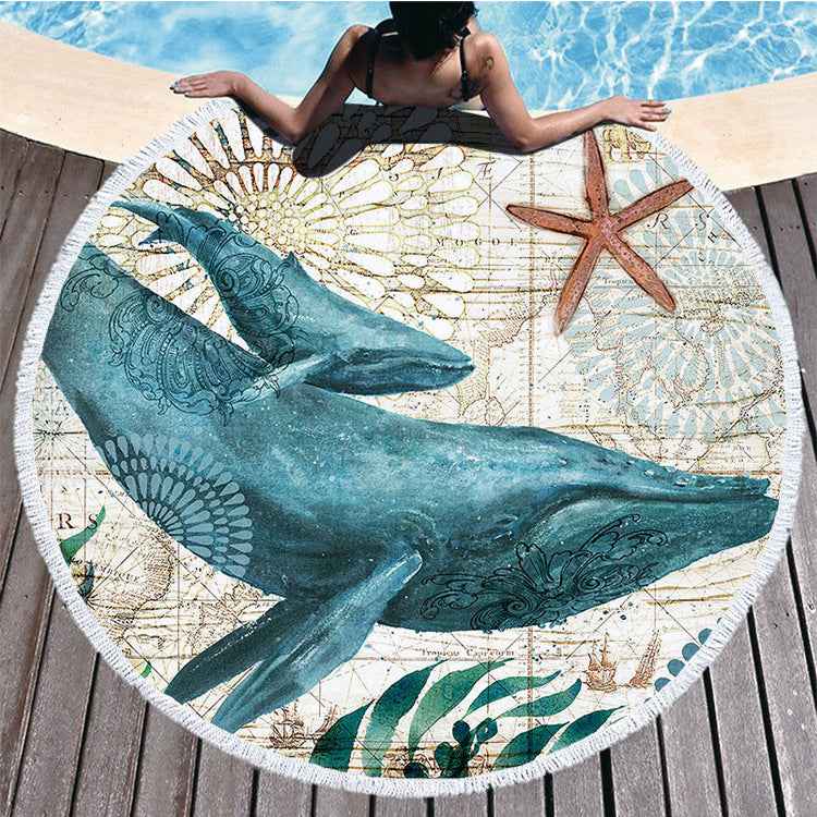 Serviette de plage ronde imprimée en fibres douces avec pompons