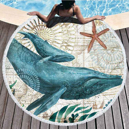 Serviette de plage ronde imprimée en fibres douces avec pompons