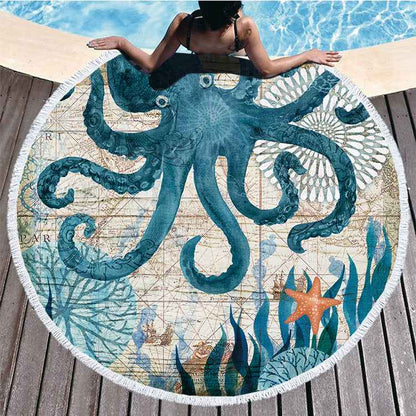 Serviette de plage ronde imprimée en fibres douces avec pompons