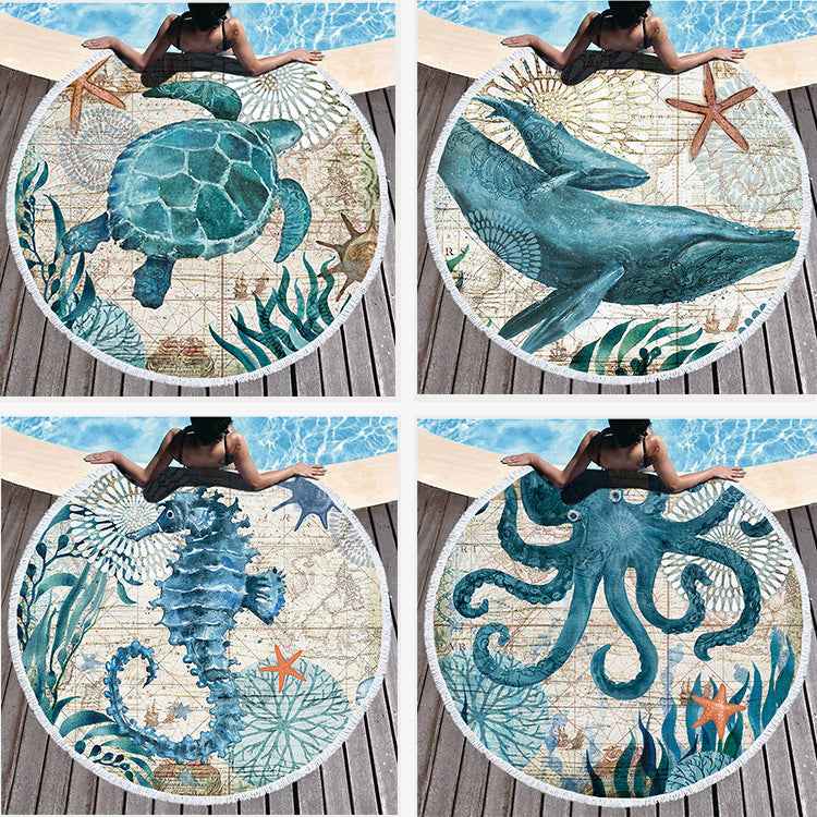 Serviette de plage ronde imprimée en fibres douces avec pompons