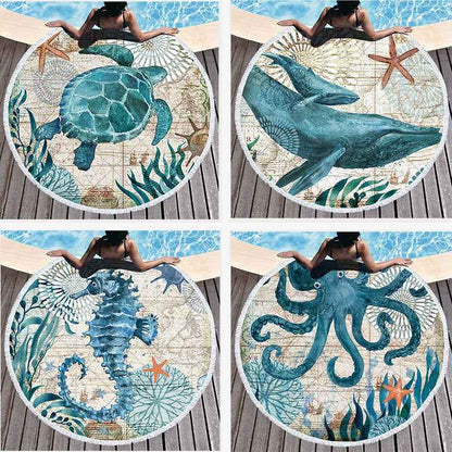 Serviette de plage ronde imprimée en fibres douces avec pompons