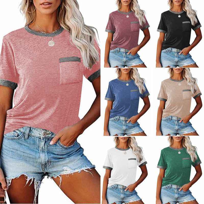 Pocket Round Neck Stitching Pocket Top