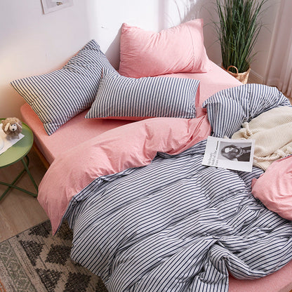 4-Piece 100% Cotton Striped Bedding Set – Japanese Style Tianzhu Cotton Bed Set