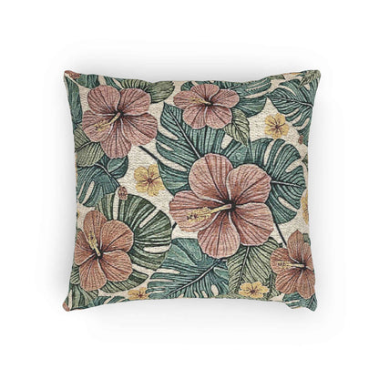 Coussin décoratif tissé à motifs de fleurs d'hibiscus tropicales | Coussin botanique