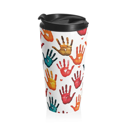 Mug de voyage — Gobelet en acier inoxydable à motifs d'empreintes de mains colorées (cadeau pour enfants et enseignants)