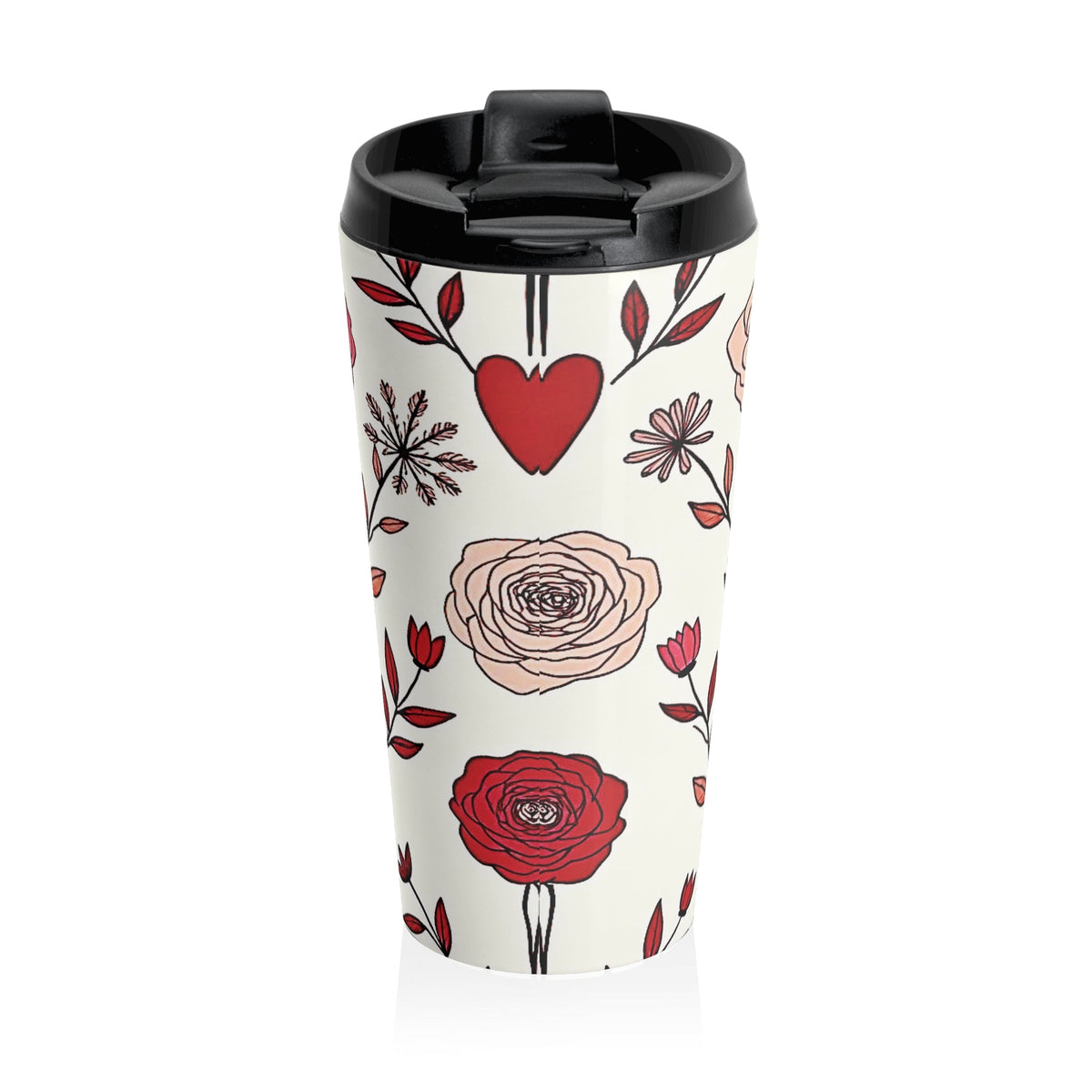 Mug de voyage en acier inoxydable avec motif floral cœur rouge dessiné à la main | Motif Saint-Valentin