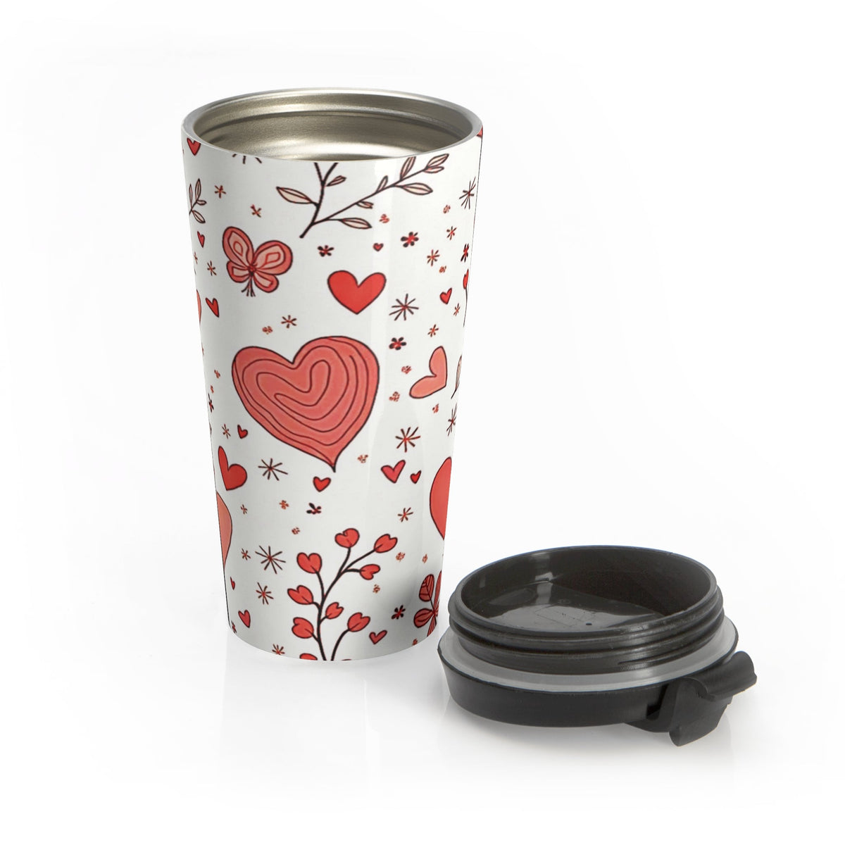 Mug de voyage cœurs dessinés à la main | Papillon et fleurs Saint-Valentin en acier inoxydable