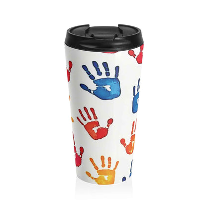 Mug de voyage en acier inoxydable avec empreintes de mains colorées — Motif artistique pour enfants, gobelet à café anti-déversement