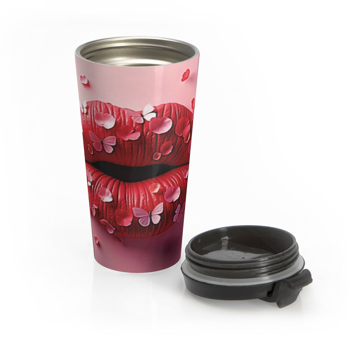 Mug de voyage en acier inoxydable Pétale Baiser | Art des lèvres, motif floral