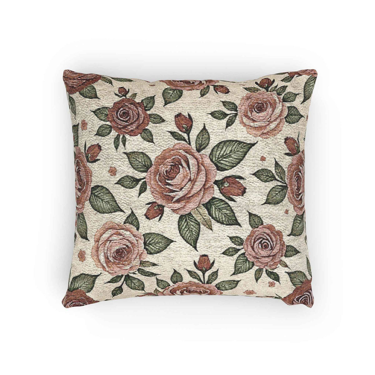 Coussin tissé motif rose vintage | Coussin décoratif tapisserie rose
