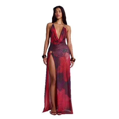 Robe dos nu à imprimé style français avec décolleté plongeant et taille cintrée