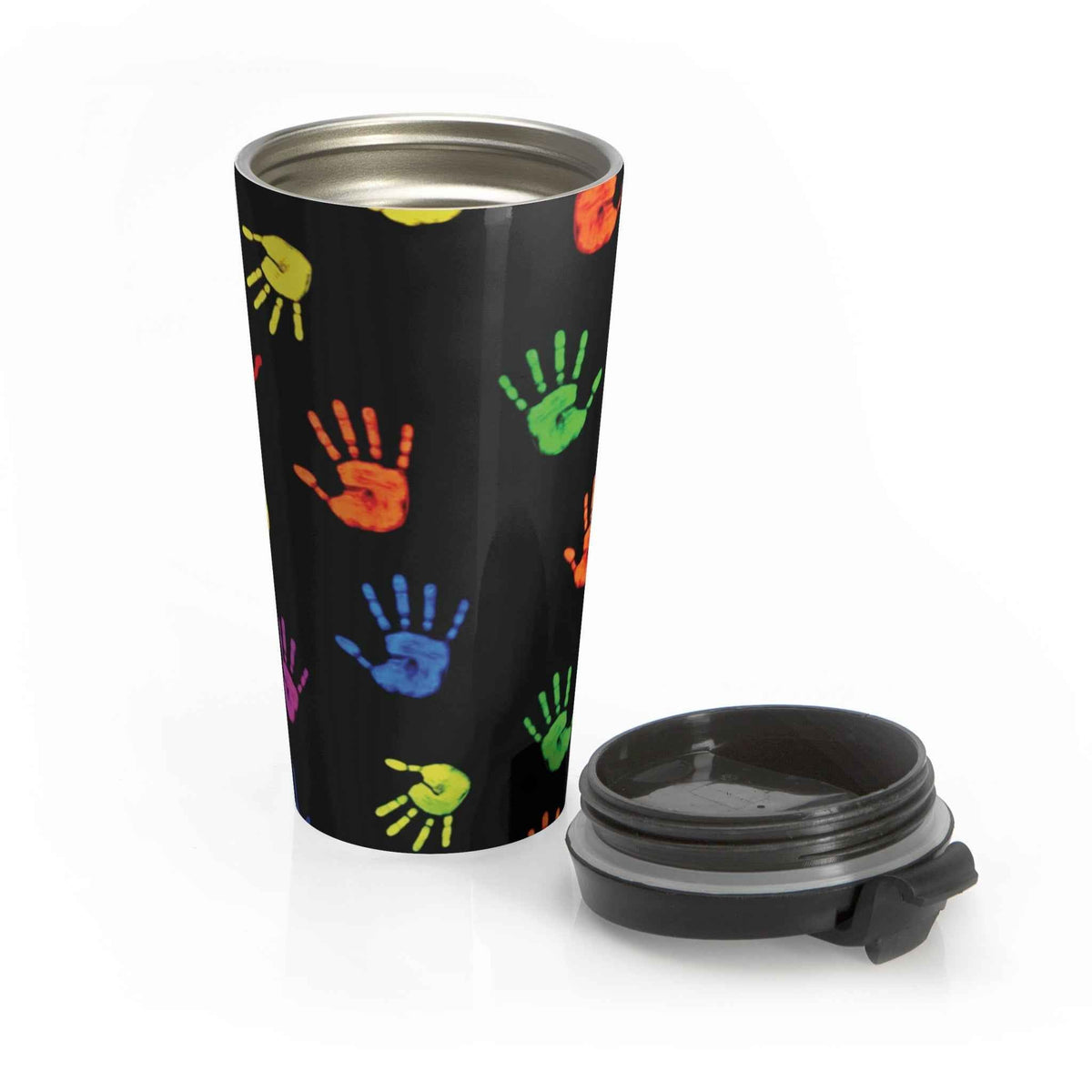 Mug de voyage — Gobelet isotherme en acier inoxydable à motif d'empreintes de mains colorées