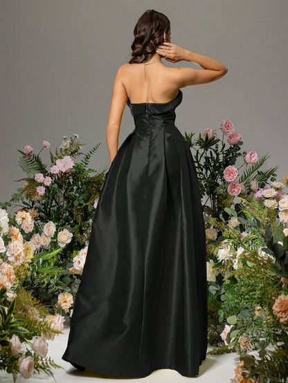 Robe longue bouffante en taffetas bustier – Noir