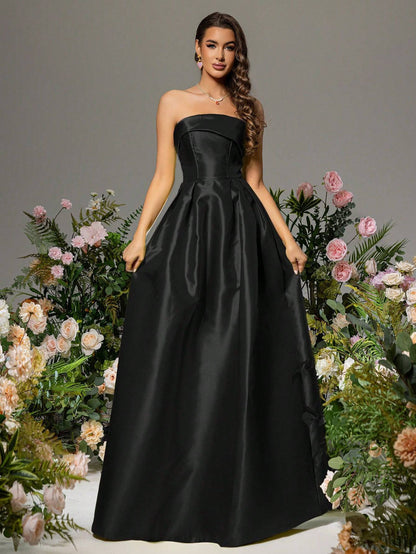 Robe longue bouffante en taffetas bustier – Noir