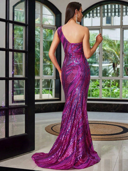 Robe longue à paillettes en mesh et à épaule dénudée - Violet