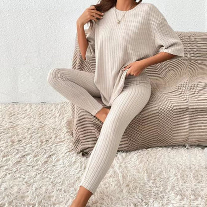 Ensemble 2 pièces t-shirt à épaules tombantes et leggings pour femme – Tenue urbaine décontractée avec manches 3/4