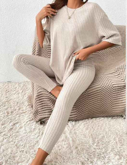 Ensemble 2 pièces t-shirt à épaules tombantes et leggings pour femme – Tenue urbaine décontractée avec manches 3/4