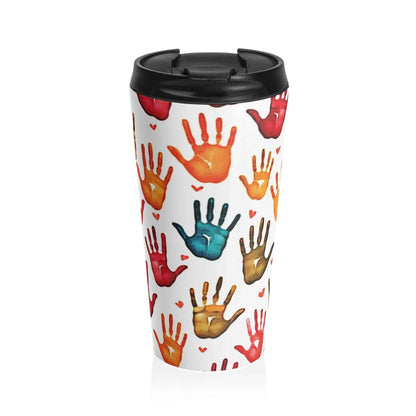 Mug de voyage — Gobelet en acier inoxydable à motifs d'empreintes de mains colorées (cadeau pour enfants et enseignants)