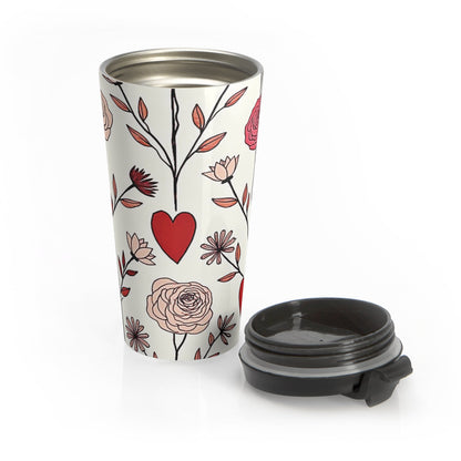 Mug de voyage en acier inoxydable avec motif floral cœur rouge dessiné à la main | Motif Saint-Valentin