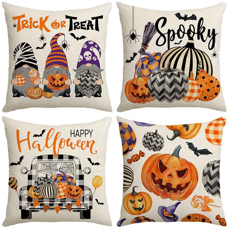 Housse de coussin Halloween voiture dessin animé citrouille – Taie d'oreiller décorative style nordique pour canapé 45×45 cm