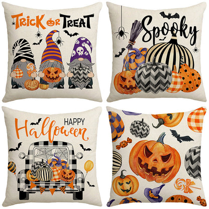 Housse de coussin Halloween voiture dessin animé citrouille – Taie d'oreiller décorative style nordique pour canapé 45×45 cm