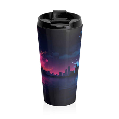 Mug de Voyage Isotherme en Acier Inoxydable Neon City Skyline — Thermos Urbain Rétro Coucher de Soleil