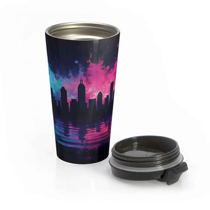 Mug de Voyage Isotherme en Acier Inoxydable Neon City Skyline — Thermos Urbain Rétro Coucher de Soleil
