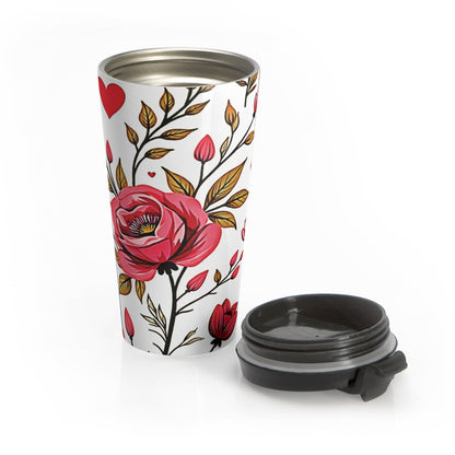 Mug de voyage à motif floral roses rouges | Gobelet isotherme en acier inoxydable