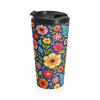 Mug de voyage en acier inoxydable à motif floral coloré | Gobelet de voyage floral