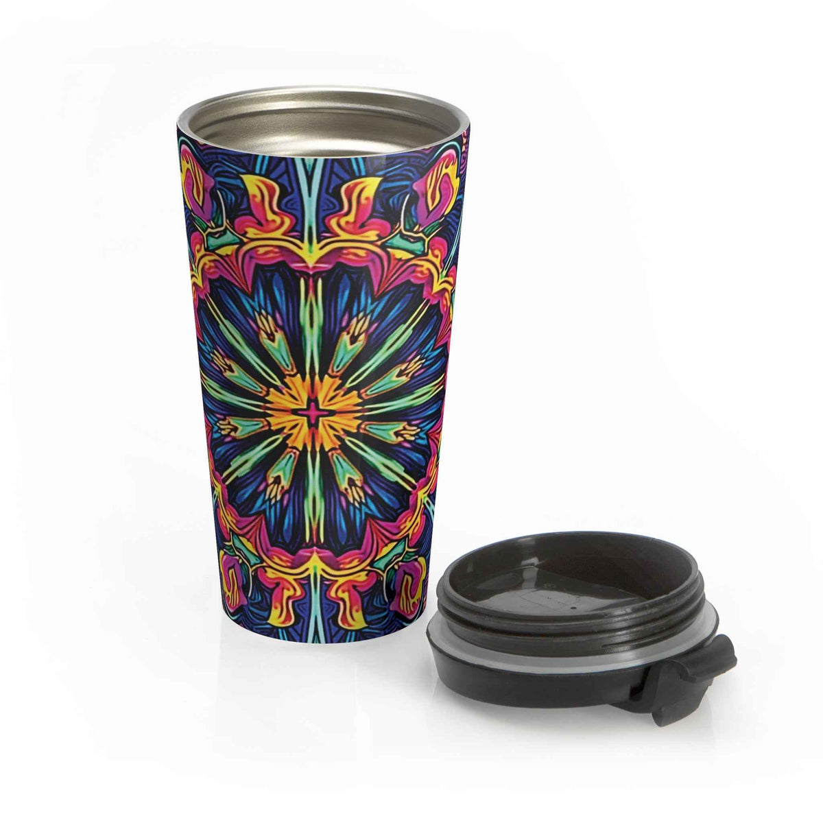 Mug de voyage en acier inoxydable Mandala Néon Kaléidoscope