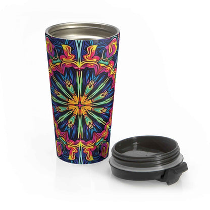 Mug de voyage en acier inoxydable Mandala Néon Kaléidoscope