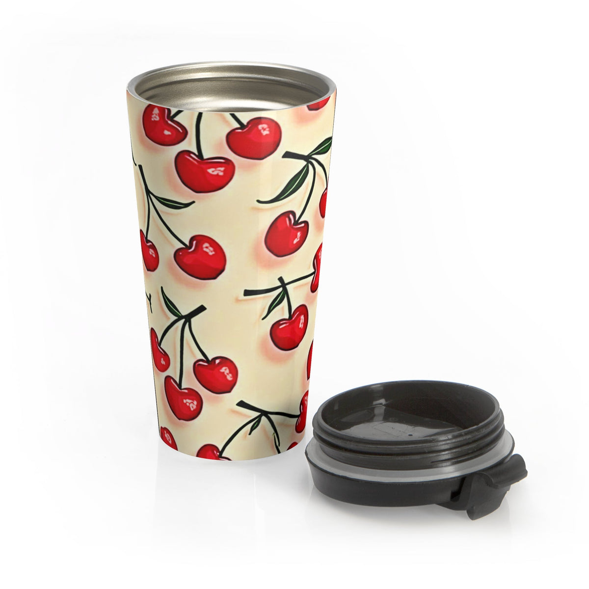 Mug de voyage en acier inoxydable à motif cerises — Gobelet isotherme rétro à cerises rouges