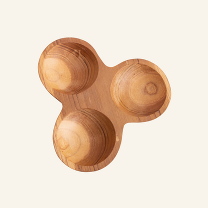 Three-compartment teak wood bowl