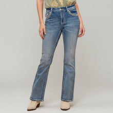 Jeans bootcut brodés pour femme Westfield Eagle. Denim à strass motif ailes et rose
