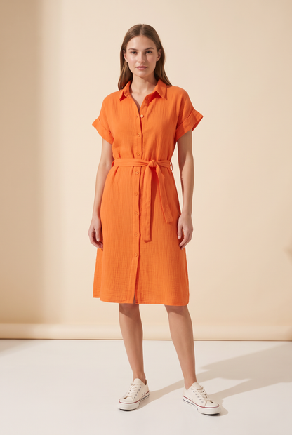 Button-Down Short Folded Sleeve Shirt Dress - Orange