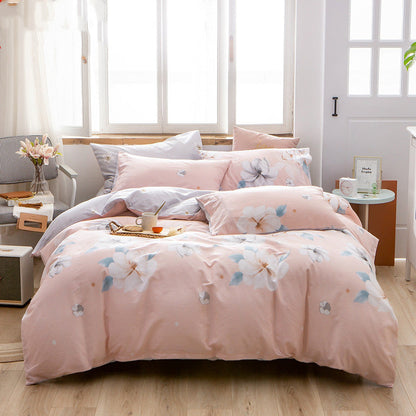Cotton 4-Piece Bedding Set – Floral Plant Print Bed Linen Set with Duvet Cover