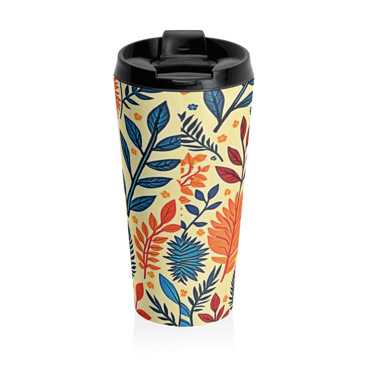 Tasse de voyage en acier inoxydable motif floral coloré | Botaniques bleues et oranges