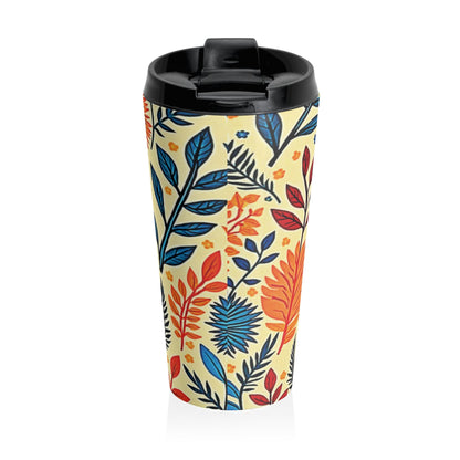 Tasse de voyage en acier inoxydable motif floral coloré | Botaniques bleues et oranges